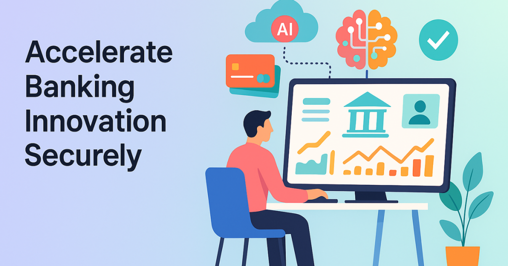 Modern illustration of cloud-native banking with AI, real-time data, and security visuals in a sleek, digital office setting.