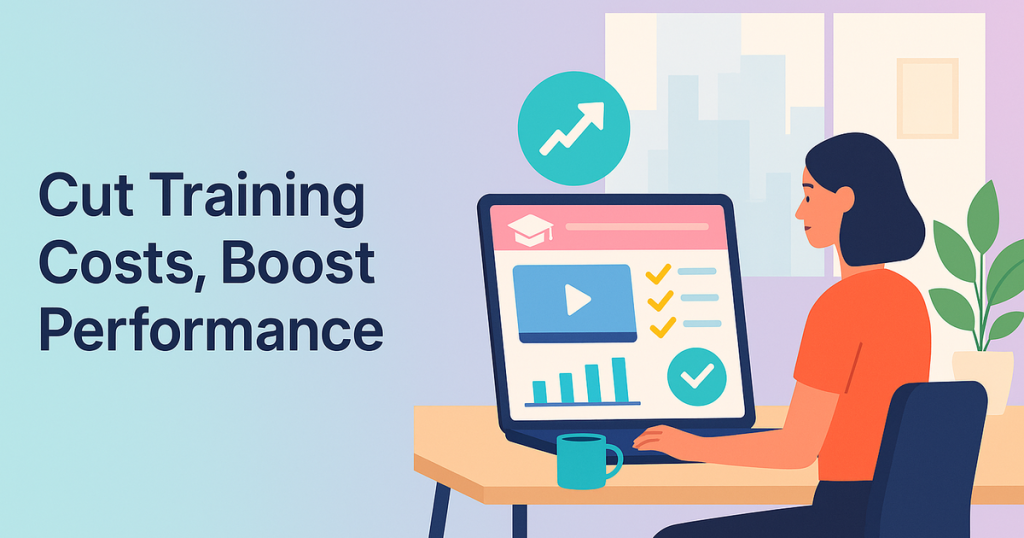 Vector art of a digital education platform streamlining onboarding and reducing training costs in a modern workspace, pastel background