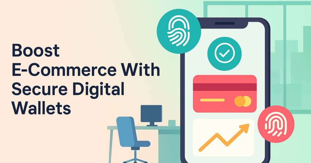 Flat illustration of a digital wallet app with security and ROI features in a modern IT workspace, right-aligned with pastel background.