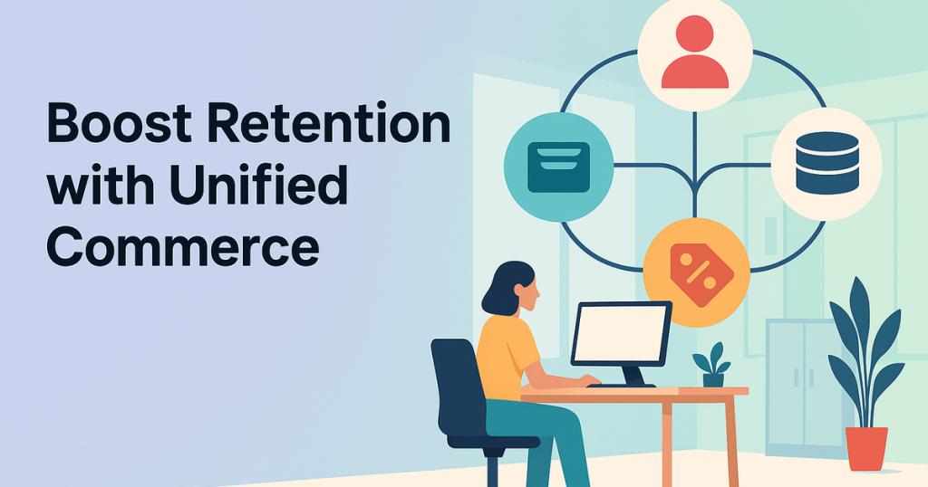 Illustration of unified commerce integrating data and inventory, highlighting improved customer retention through seamless experiences.